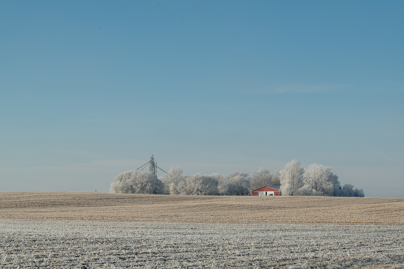 Snow-covered field and farm buildings.