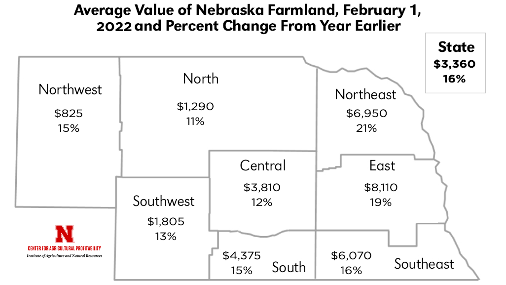 Map of Nebraska depicting Average Value of Nebraska Farmland, February 1, 2022 and Percent Change From Year Earlier