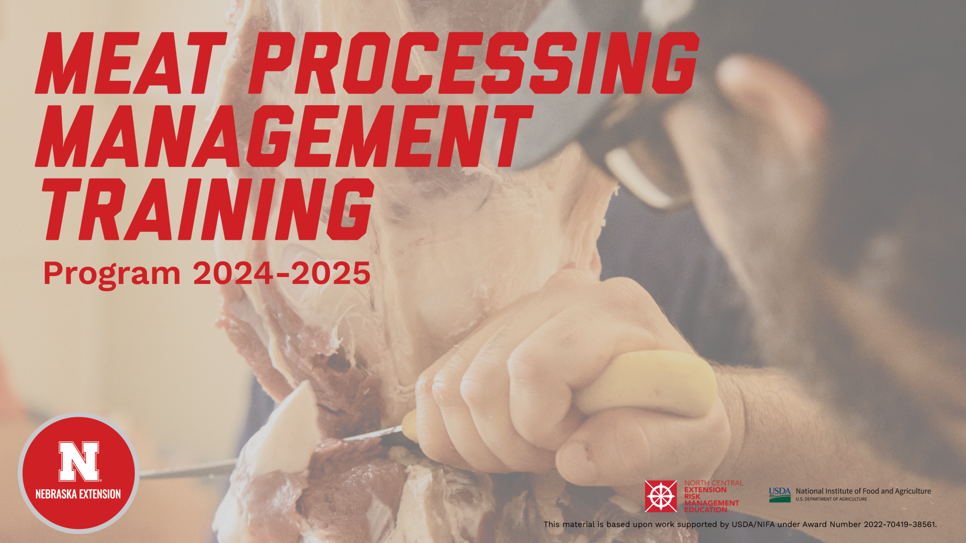 Program graphic with text overlayed on closeup image of man cutting beef.