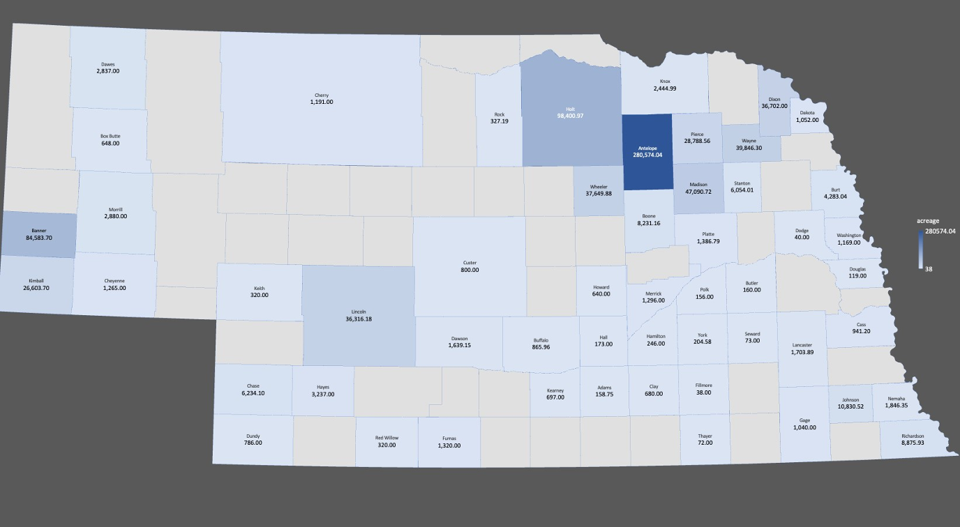 Map of Nebraska counties displaying foreign-owned ag land data.