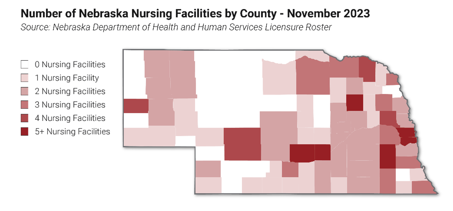 Map graphic of nursing homes in Nebraska by county in 2023.