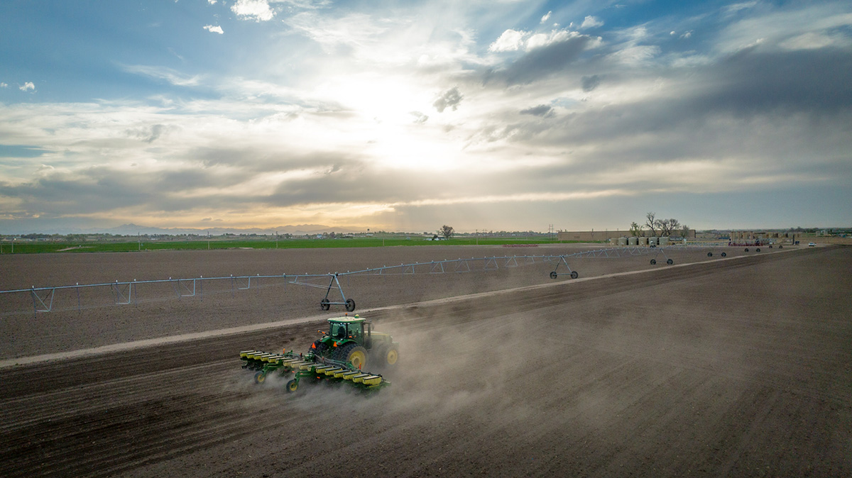 Aerial view of planter in irrigated field.