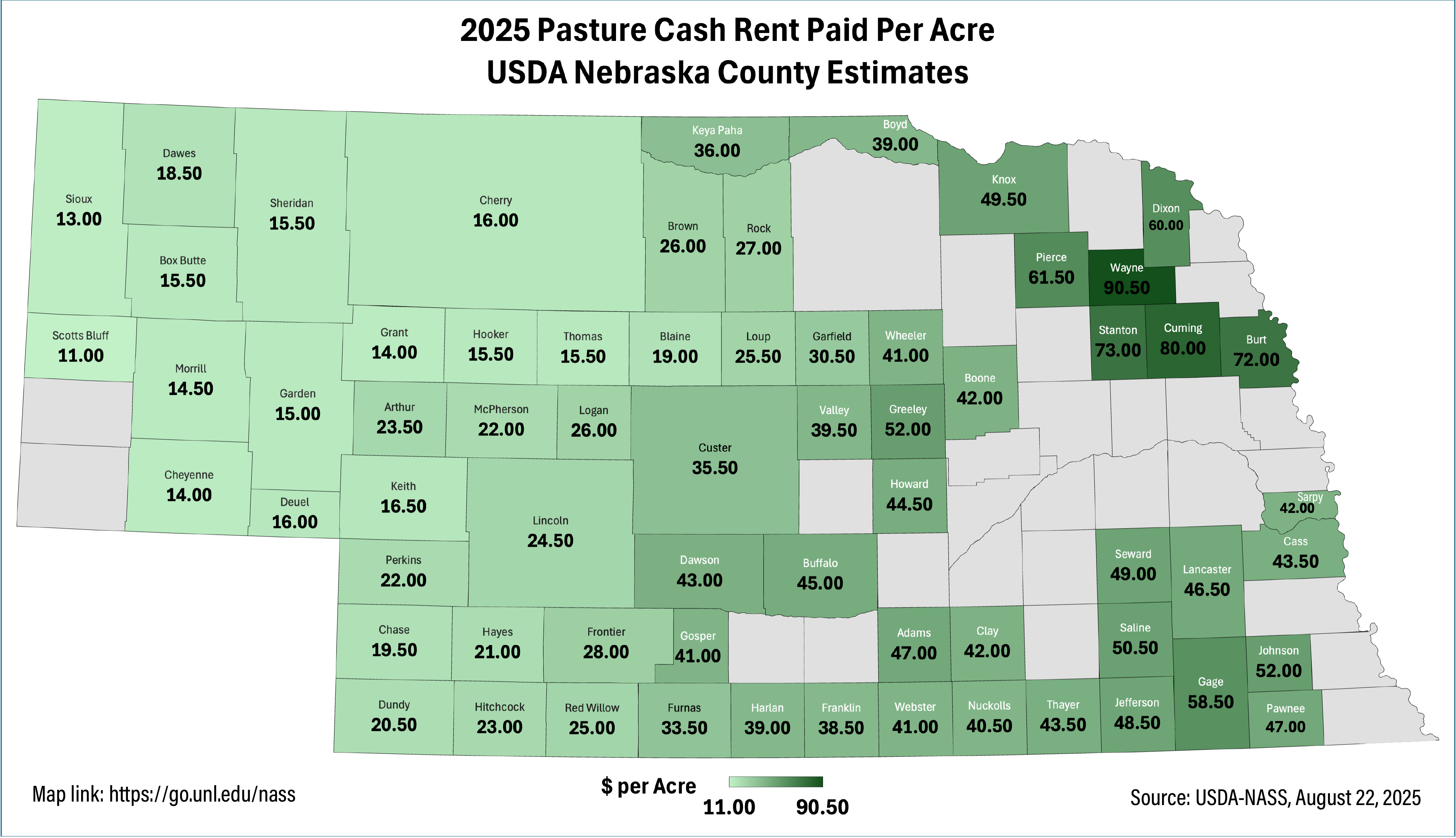 County map of Nebraska showing cash rental rates per county on pastureland.