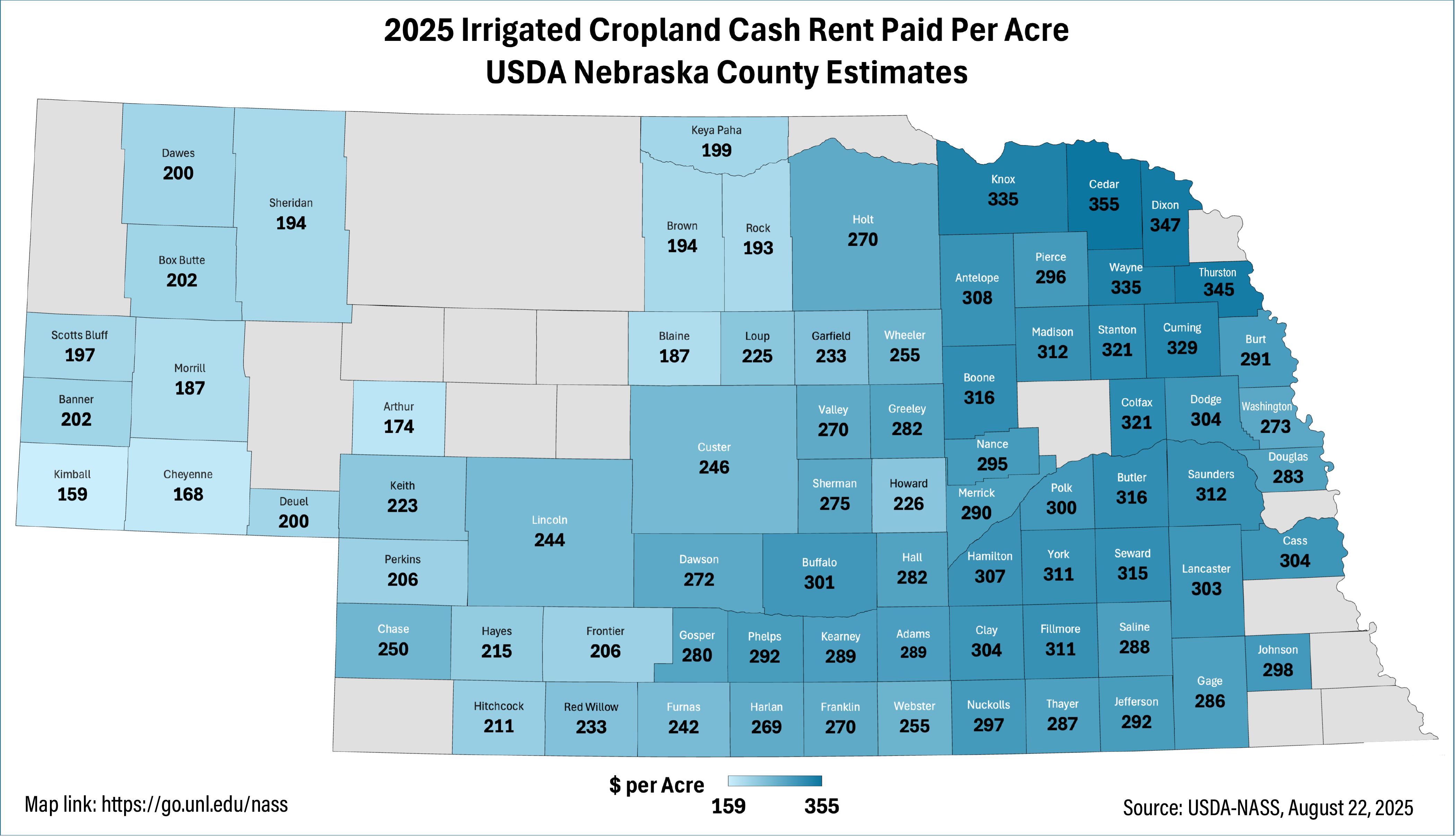 2025 county map of Nebraska with cash rent estimates