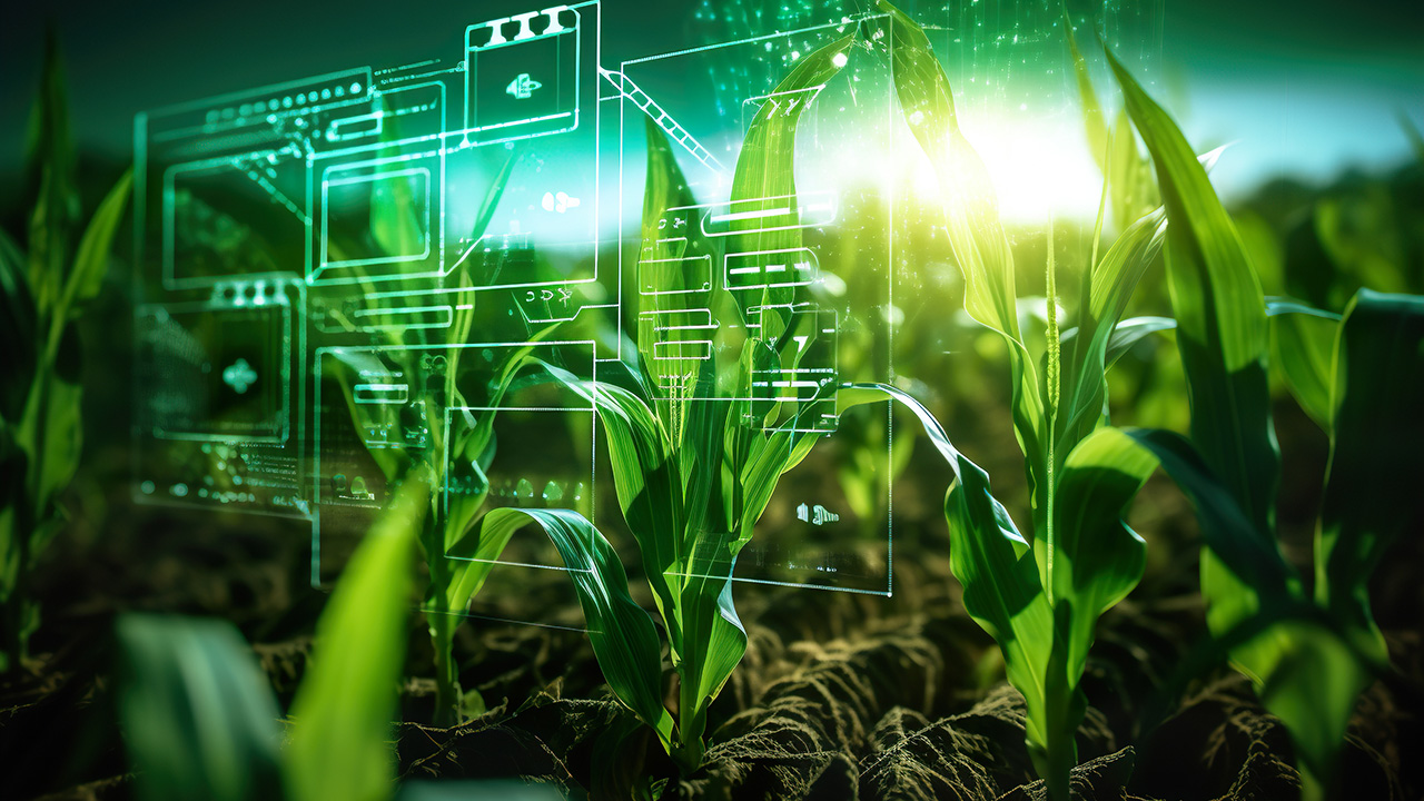 Green cornfield with glowing futuristic digital graphics overlay.