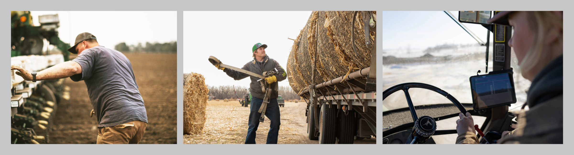 Collage of three photos depicting ag labor roles: a man working on a planter; a man securing round hay bales to a trailer; and a woman driving in the cab of a tractor.