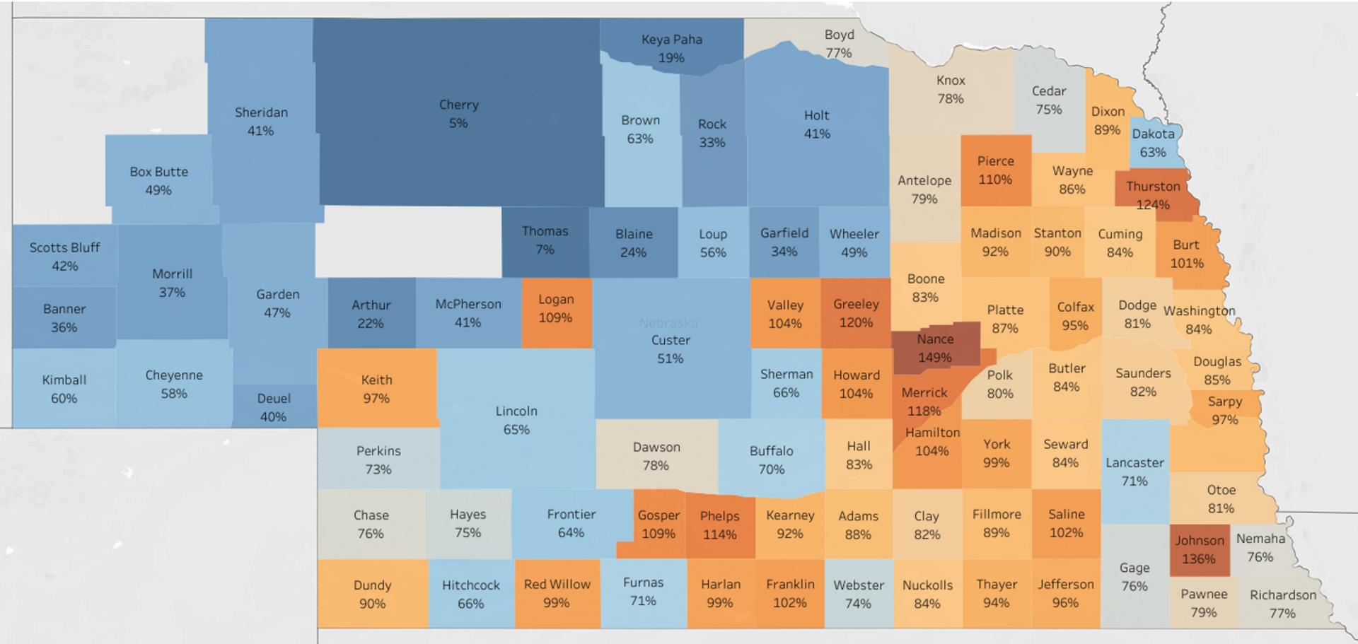 Map of Nebraska counties showing base acres and cropland acres. 