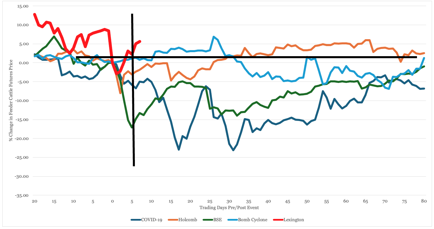Line chart compares COVID, Holcomb fire, BSE, Bomb Cyclone, and Lexington Closure events in terms of %change in feeder cattle futures prices change trends in days out from event. Lexington following trand of bomb cyclone as of 10 days post-event, with about 7% positive change in feeder cattle futures prices. 