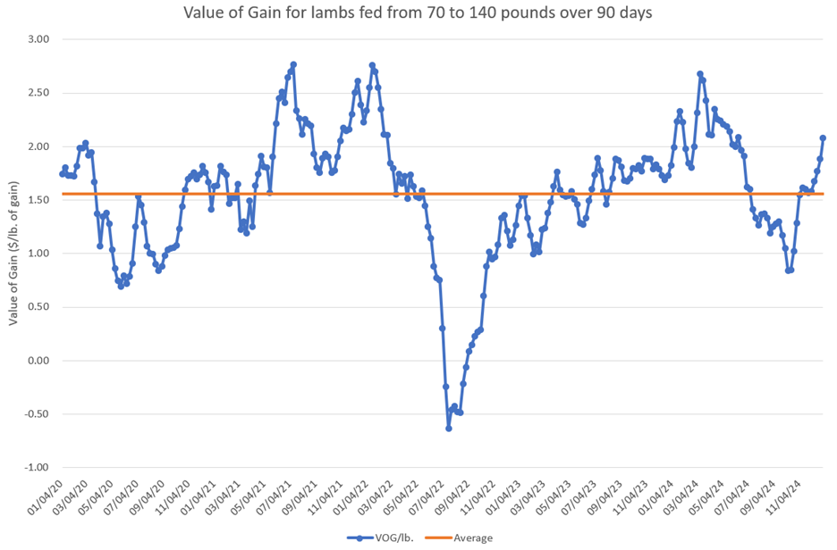 Line chart showing weekly value of gain per pound for lambs fed from 70 to 140 pounds over 90 days from 2020 to 2024. Values fluctuate widely around a long-term average of about $1.55 per pound, with strong peaks in 2021 and 2024 and a sharp decline in mid-2022, when value of gain briefly turned negative.