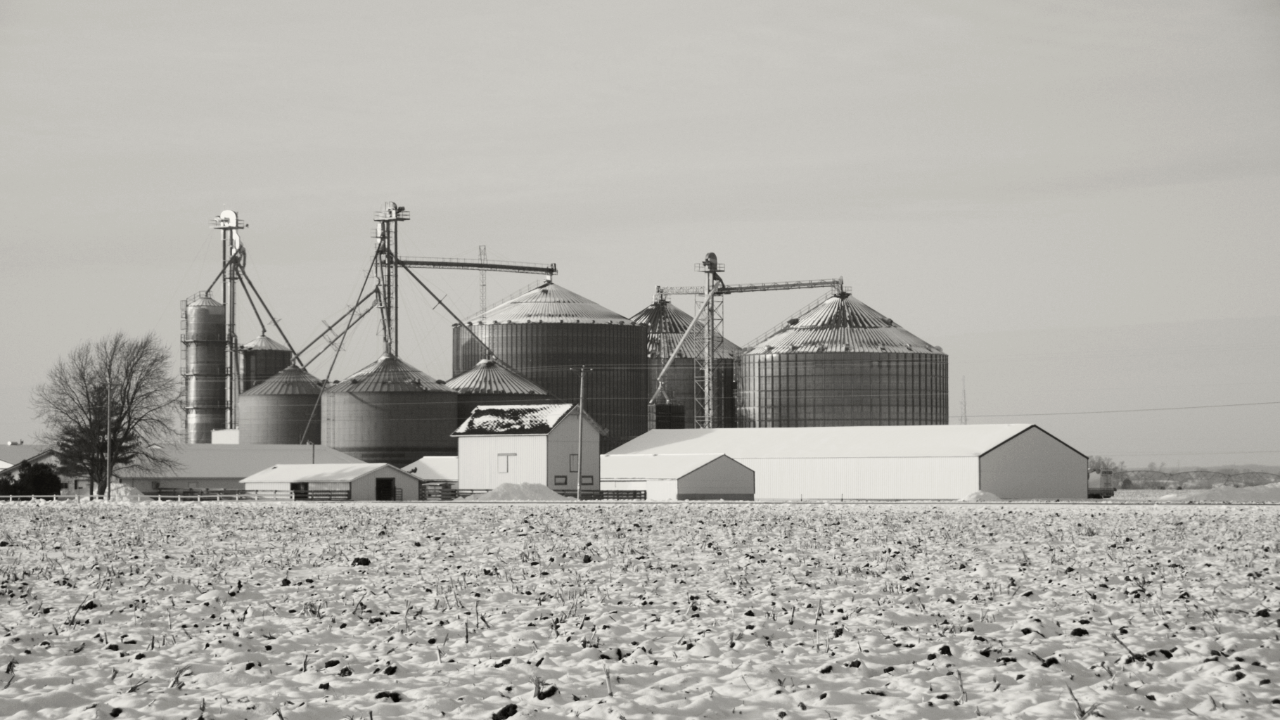 Photo of farm buildings and grain bins in winter.