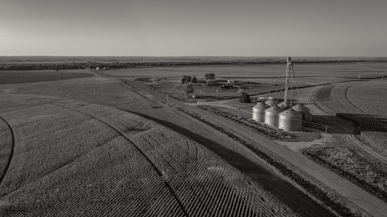 Aerial view of farmland.