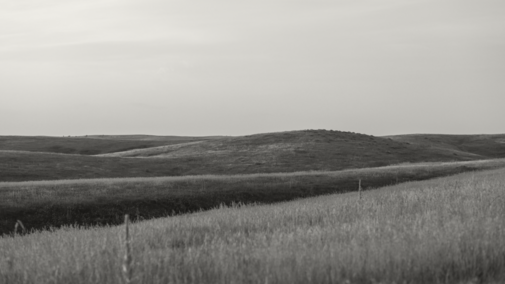 Grassy hills under a cloudy sky, captured in black and white.