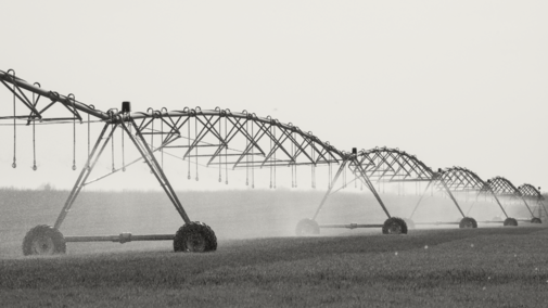 Photo of a center pivot irrigating a field.