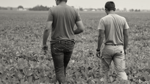 Two men walking through a field of crops in grayscale tones.
