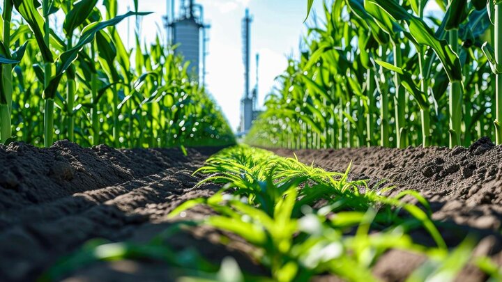 Corn field amid biofuels plant.