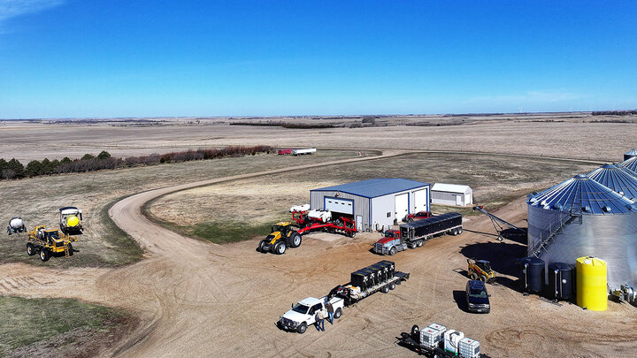 Aerial photo of farm machinery.