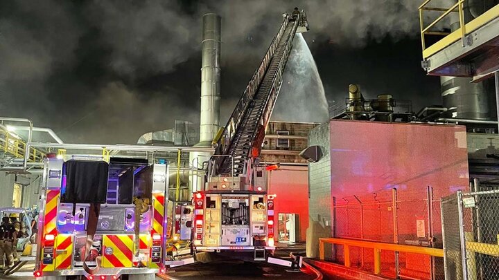 Grand Island Fire Department crews works to extinguish flames at the JBS Beef Plant in Grand Island, Nebraska, on Sept. 13, 2021. 