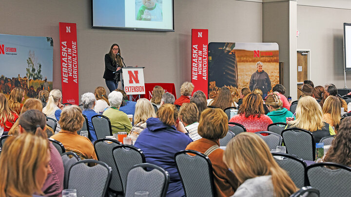 Photo of a keynote speaker at the 2024 Nebraska Women in Ag Conference. 
