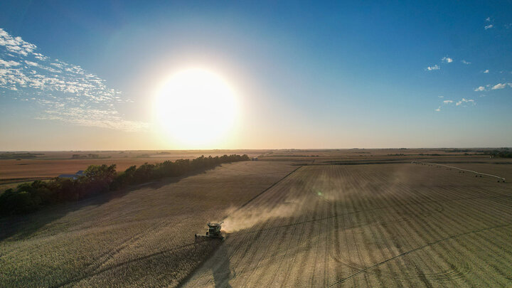 Aerial photo of soybean harvest on a sunny day.