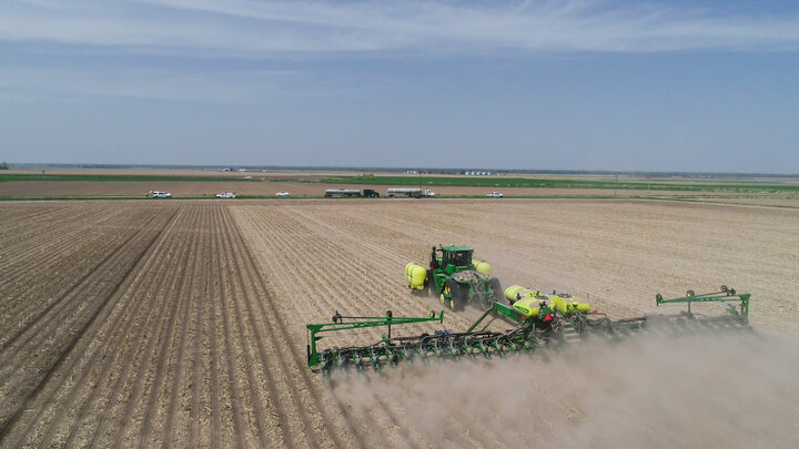 Aerial photo of a planter in a field near Gothenburg, Nebraska.