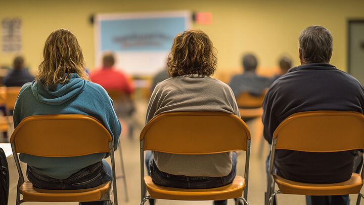 Photo of the backs of people sitting in folding chairs at a community meeting.