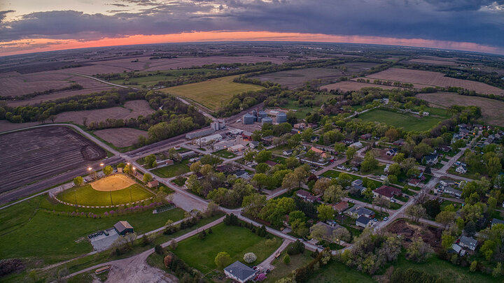 Aerial View of Roca, Nebraska, at Sunset in rural Nebraska