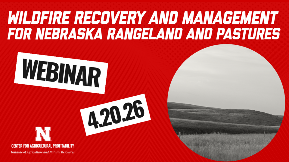 Webinar announcement with a grayscale photo of rangeland, Nebraska branding, and red background with text "Wildfire Recovery and Management for Nebraska Rangeland and Pastures Webinar 4.20.26".