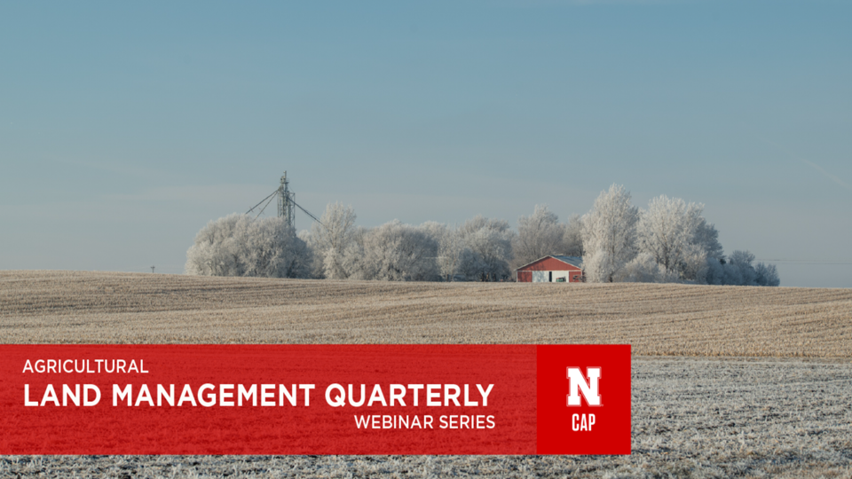 Photo of a farm building in a snowy field with text “Agricultural Land Management Quarterly Webinar Series” with block “N” CAP logo.