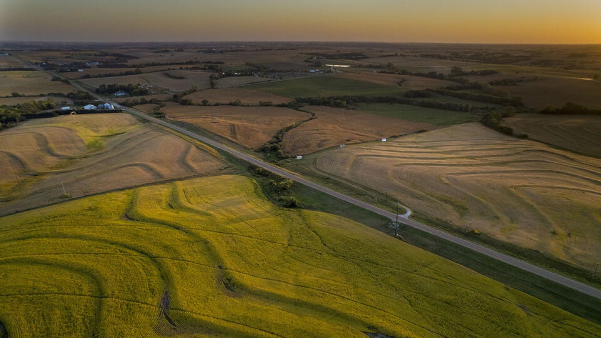 Aerial shot of farmland. 