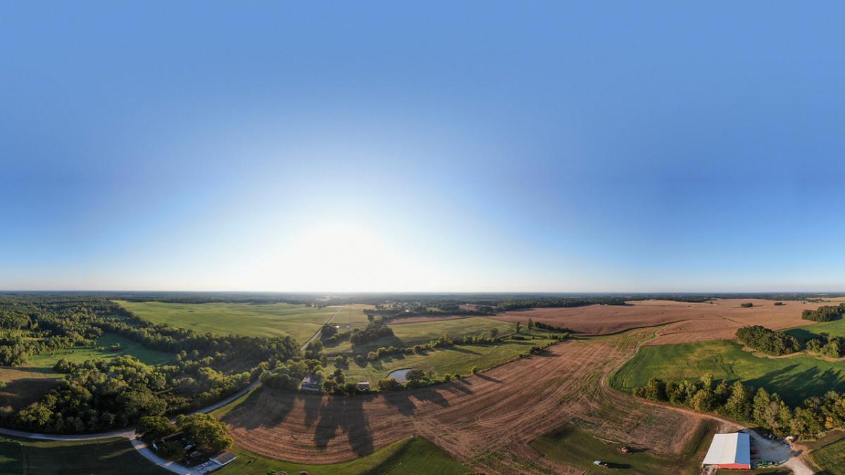Panoramic view of farmland on sunny day.
