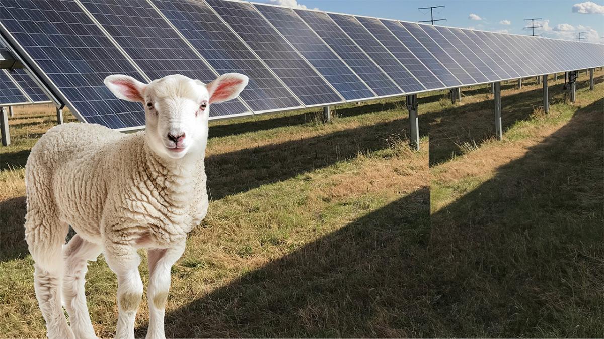 Composite graphic of a lamb in front of solar panels.