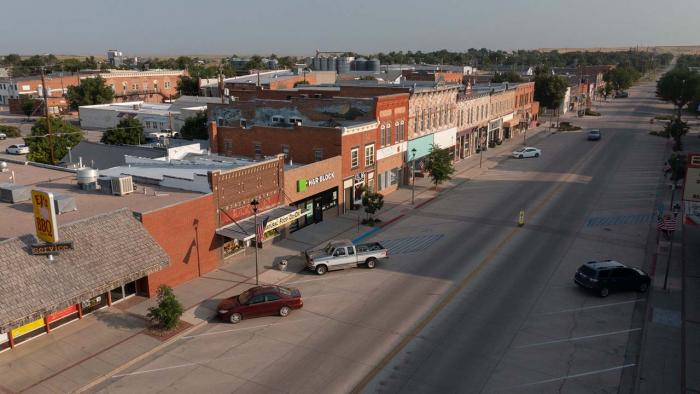 Aerial view of downtown Chadron, Nebraska.