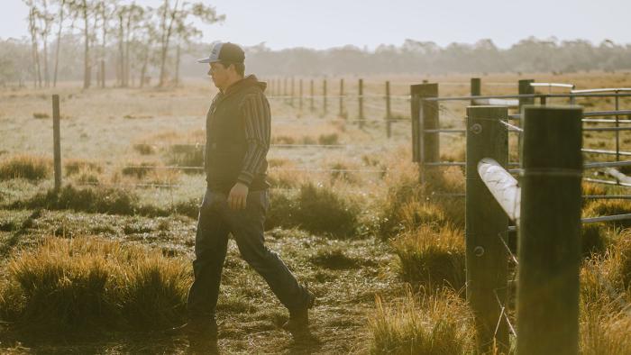 Rancher walking in pasture.