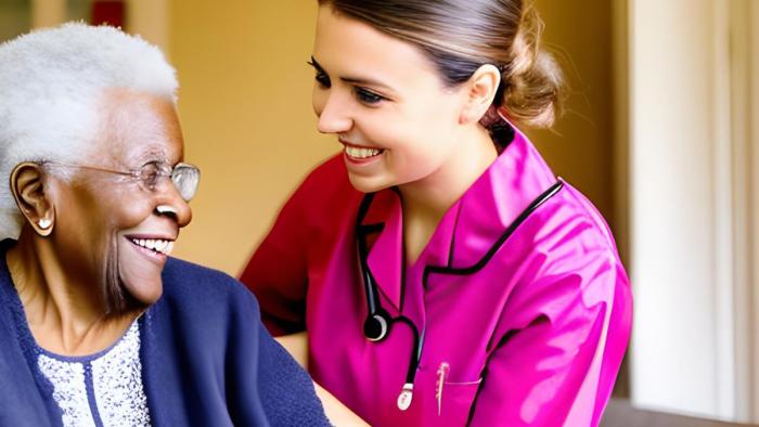 Homecare worker smiling with elderly woman.
